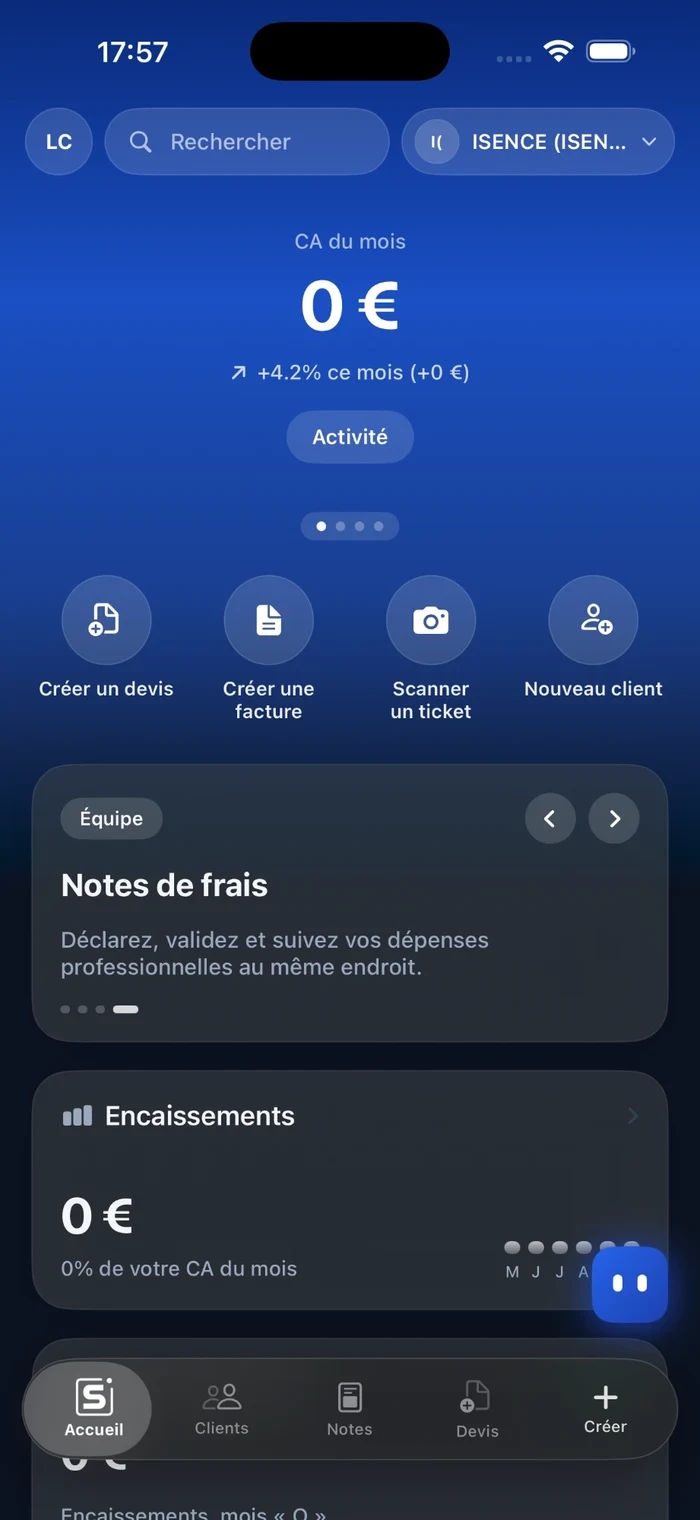 Application mobile iSence : chiffre d'affaires du mois et actions rapides