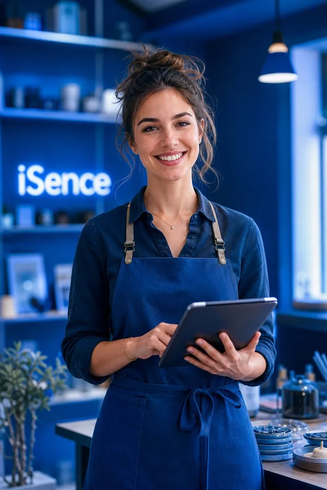 Commerçante utilisant iSence sur sa tablette dans sa boutique